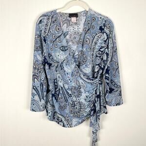 y2k VTG Brittany Black Top Large Blue Bedazzled Paisley Wrap Fairy Retro Stretch